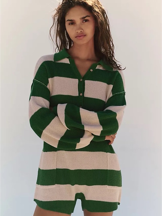 Free People Other - Free People FP Beach Picnic Sweater Romper Cream Green Stripes Swim Coverup